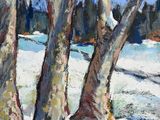 an oil painting of trees in the snow by a river