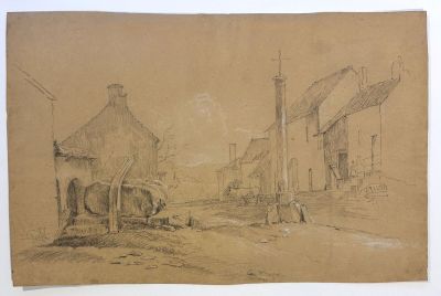 an image of a drawing of a village scene with a horse and cart