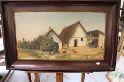 a picture of a painting of a farm scene on a easel
