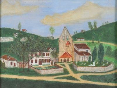 a painting of a village with a church on the hill