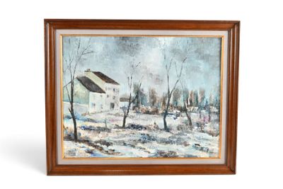 un tableau représentant une maison blanche dans un paysage enneigé