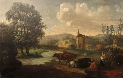 a painting of a painting of cows and people by a river