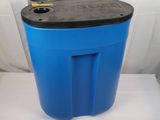 an image of a blue and black plastic container on a white surface