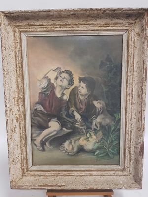 tableau représentant une femme et un enfant avec un chat posé sur une table