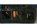 a painting of a woman standing in front of a truck