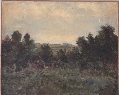 l'image d'une peinture d'un champ avec des arbres en arrière-plan