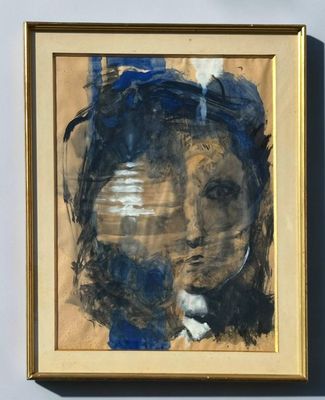 an image of a painting of a woman with a blue hat