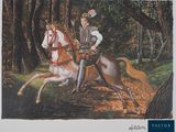 a painting of a man riding a horse in the woods