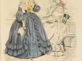 an old fashion illustration of a woman in a blue dress and a woman in a pink dress