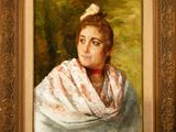 painting of a woman in a white shawl with a red scarf