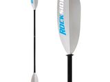 the paddle is white and blue with a blue logo on it
