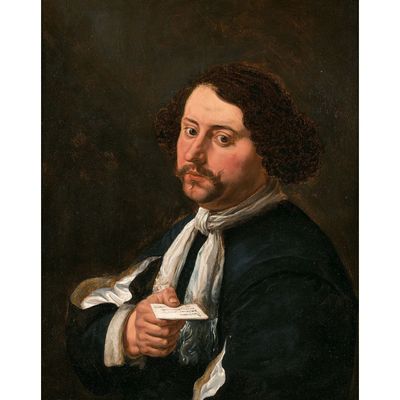 un tableau représentant un homme en manteau noir tenant un livre