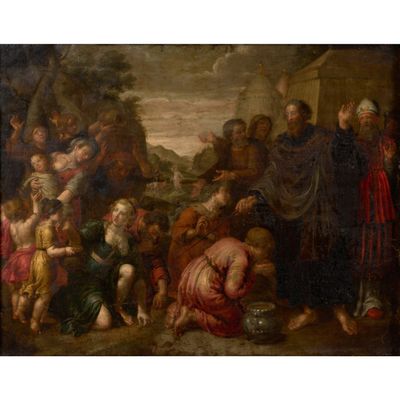 une peinture à l'huile représentant un groupe de personnes rassemblées autour d'un homme