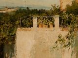 painting of a building with a balcony and a balcony on the top of it