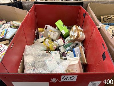 a red box full of food items in a store