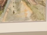 a watercolor painting of a train on the tracks