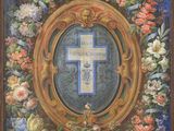 a painting of a cross surrounded by flowers in a frame