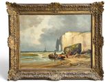 une image représentant un tableau de bateaux sur une plage près d'une falaise