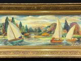 une peinture à l'huile représentant des voiliers sur l'eau, avec des montagnes en arrière-plan