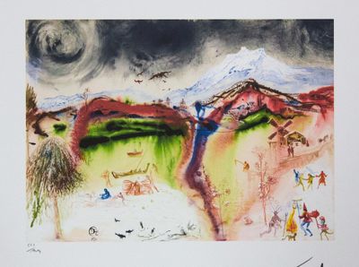 dessin représentant un tableau de paysage avec une montagne en arrière-plan