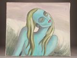 a painting of a woman with blue skin and long blonde hair