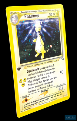une carte Pokémon jaune sur laquelle figure l'image d'un chat