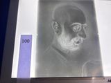 a drawing of a man that is on display in a glass case