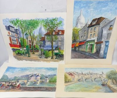 quatre aquarelles représentant une scène de rue avec des bâtiments et un pont