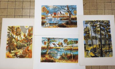 four paintings of trees, a house, and a pond on a tile floor