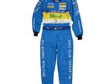 a blue race suit with yellow and white lettering on it