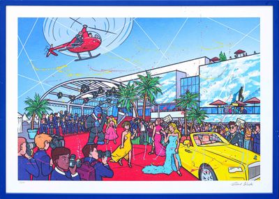 an image of a painting of a red helicopter flying over a crowd of people