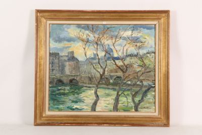 an oil painting of a landscape with trees and a bridge