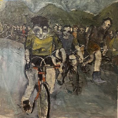 a painting of a group of people riding bicycles