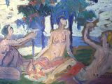 a painting of three people sitting on the grass
