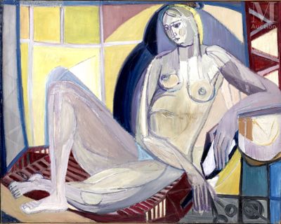 a painting of a nude woman sitting on a chair