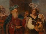 un vieux tableau représentant un homme barbu et une femme avec un enfant