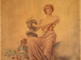 an old painting of a woman holding a bird in her hands