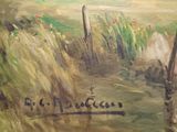 an oil painting of a field with a fence and flowers