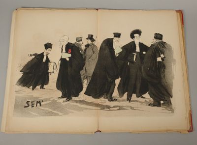 an open book with a drawing of a group of men in black robes