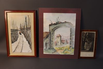 Lot de 3 tableaux comprenant : - J. PONCET. Chemin animé sou…