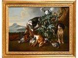 a painting of dogs and birds in a wooded setting