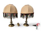 pair of lamps with fringes on each of them on a white background