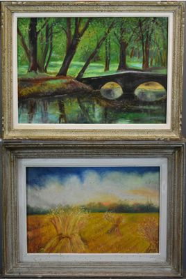 two paintings of a bridge over a river in a forest