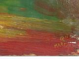 an oil painting of a red, yellow and green field with trees