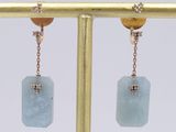 a pair of aquamarinee and diamond earrings on a gold plated stand