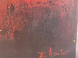 an oil painting of a red and black landscape on a white surface