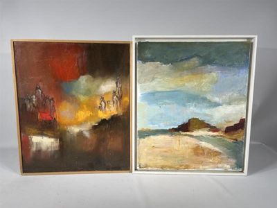 two paintings of a beach and a sky with clouds in them