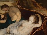 painting of a man and a woman laying on a bed in a wooded area