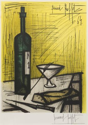 une image représentant un dessin d'une bouteille de vin et d'un verre posés sur une table