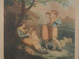 a painting of a group of children playing with a dog